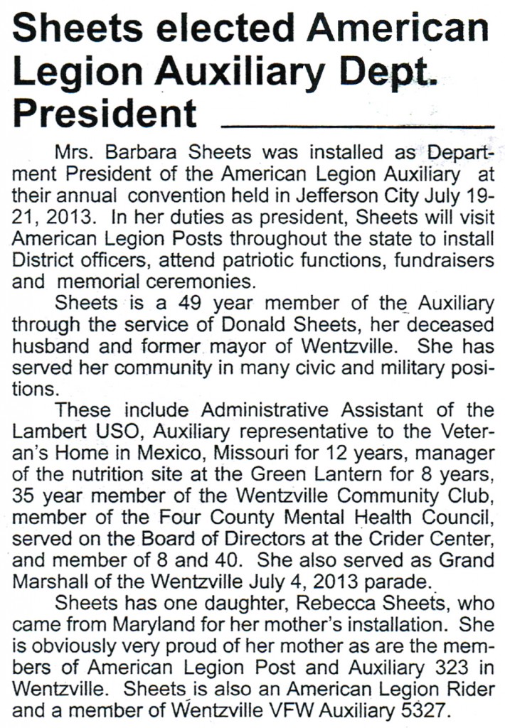 Sheets elected American Legion Auxiliary Dept. President